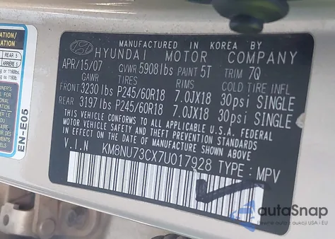 2007 Hyundai Veracruz Gls/Limited/Se from USA, damaged, VIN KM8NU73CX7U017928